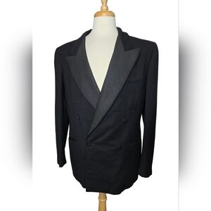 Vtg Hudson’s Bay Company Double-Breasted Wool Blazer Black Satin Shawl Lapel 44R